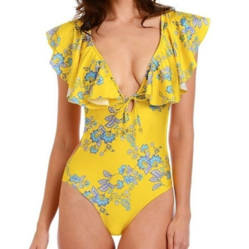 Sam Edelman Cut Out Yellow Ruffle Blue Floral One Piece Women's Swimsuit Size XS - Picture 2 of 10